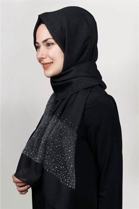 İpekli Taşlı Tül Şal 1067-37 Siyah