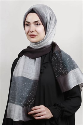 İpekli Taşlı Tül Şal 1067-44 Siyah-Gri