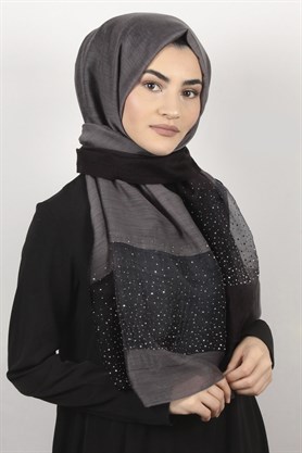 İpekli Taşlı Tül Şal 1067-49 Siyah-Füme