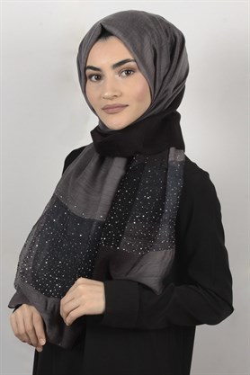 İpekli Taşlı Tül Şal 1067-49 Siyah-Füme