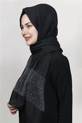 İpekli Taşlı Tül Şal 1069-37 Siyah