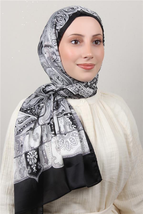 Linda Etnik Desen Şal 1717-4 Siyah-Gri 