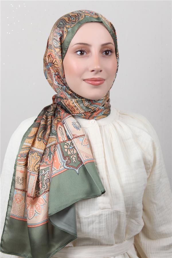 Linda Etnik Desen Şal 1717-5 Yeşil-Somon 
