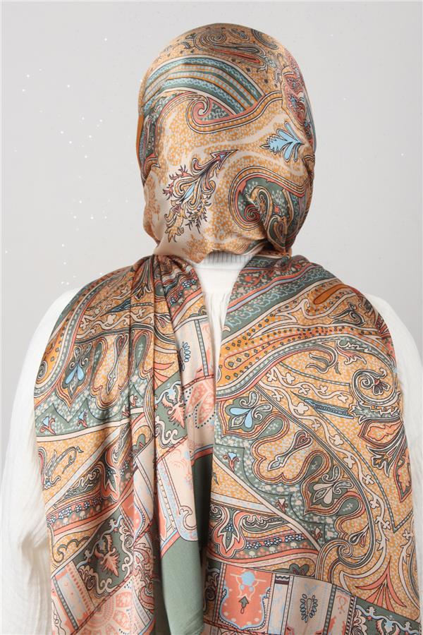 Linda Etnik Desen Şal 1717-5 Yeşil-Somon 