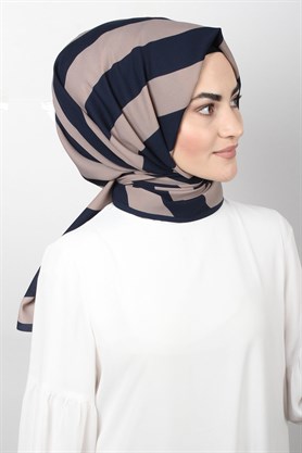 Medine Desenli Şal Eşarppark 1840-29 Şeritli Lacivert Bej