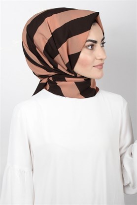 Medine Desenli Şal Eşarppark 1840-33 Kahverengi-Şeftali Şeritli