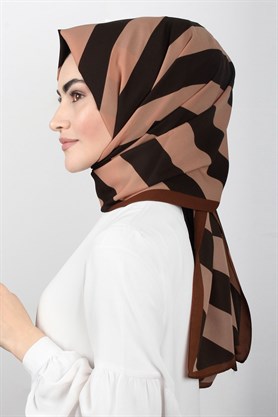 Medine Desenli Şal Eşarppark 1840-33 Kahverengi-Şeftali Şeritli