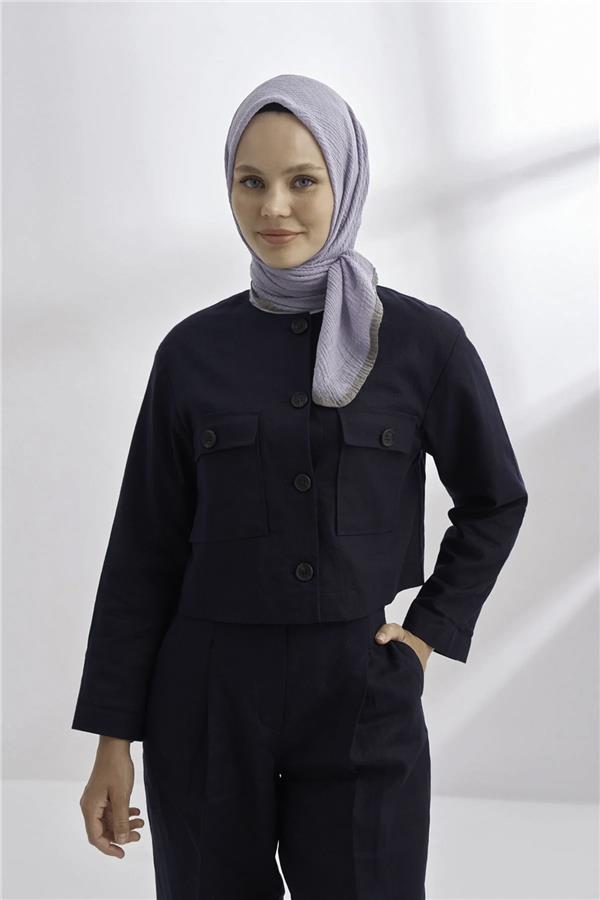 Müslin Biyeli Eşarp 3353-1124 Gri Mavi 