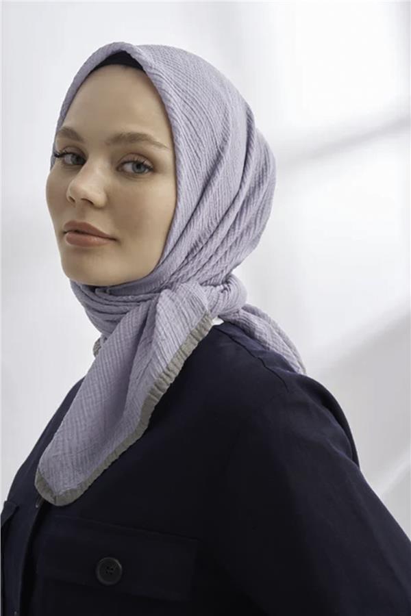 Müslin Biyeli Eşarp 3353-1124 Gri Mavi 