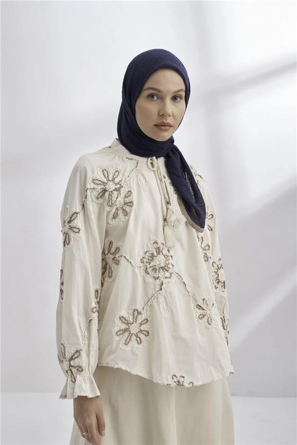 Müslin Biyeli Eşarp 3353-22 Lacivert 