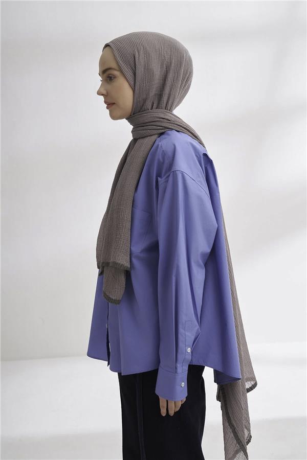 Müslin Biyeli Şal 3352-179 Koyu Gri