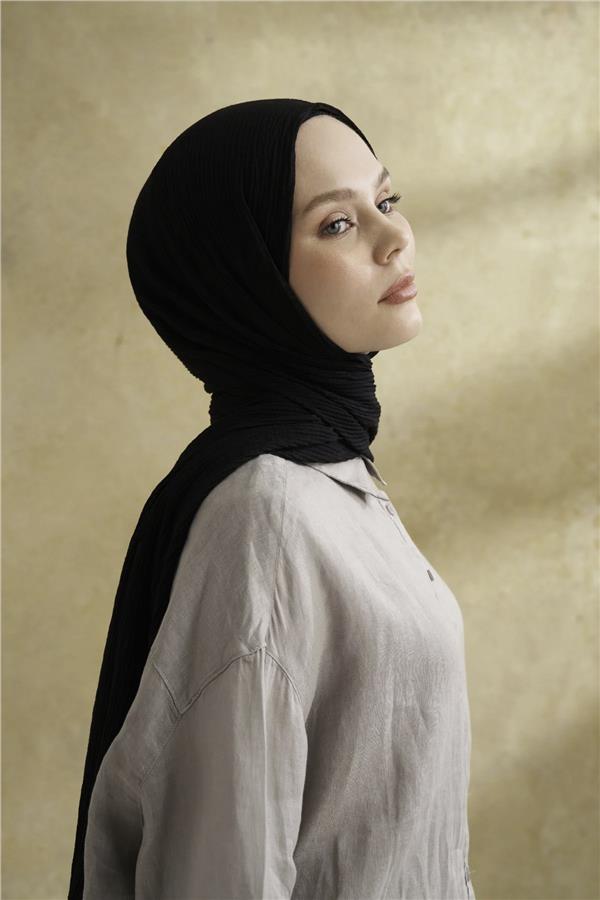 Müslin Yaprak Desen Şal 3351-1 Siyah 