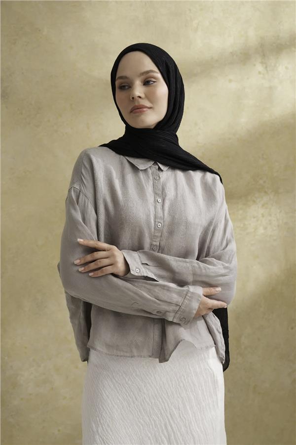 Müslin Yaprak Desen Şal 3351-1 Siyah 