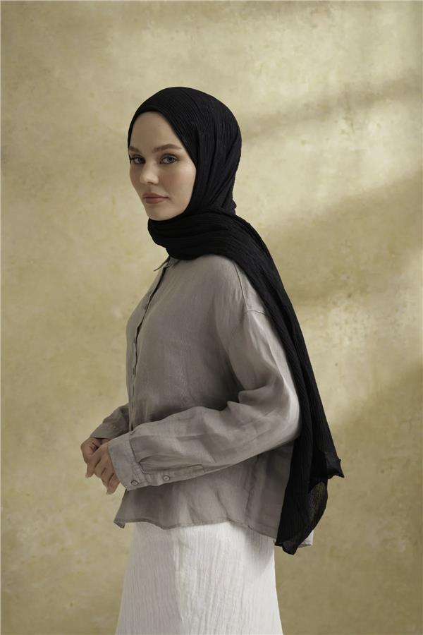 Müslin Yaprak Desen Şal 3351-1 Siyah 