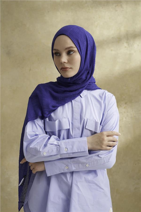 Müslin Yaprak Desen Şal 3351-1033 Morcivert 