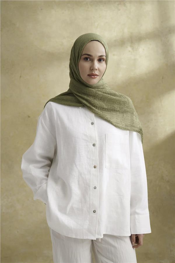 Müslin Yaprak Desen Şal 3351-1034 Olive 