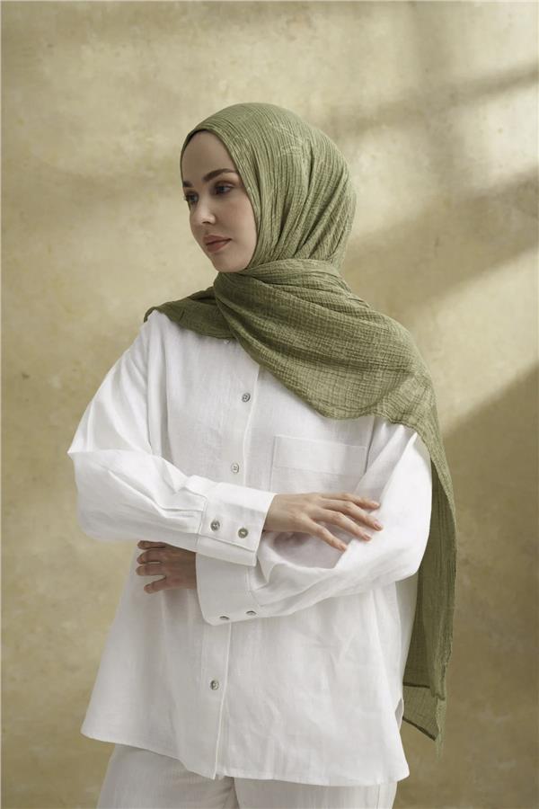 Müslin Yaprak Desen Şal 3351-1034 Olive 