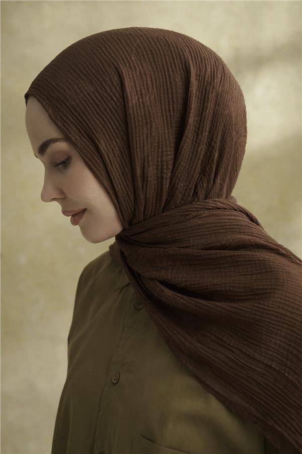 Müslin Yaprak Desen Şal 3351-136 Kahve 
