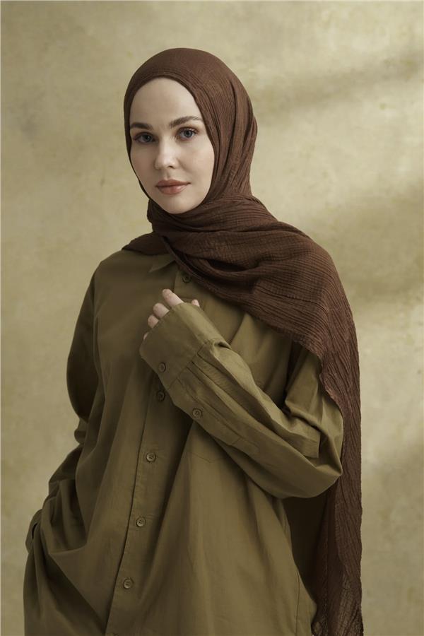 Müslin Yaprak Desen Şal 3351-136 Kahve 