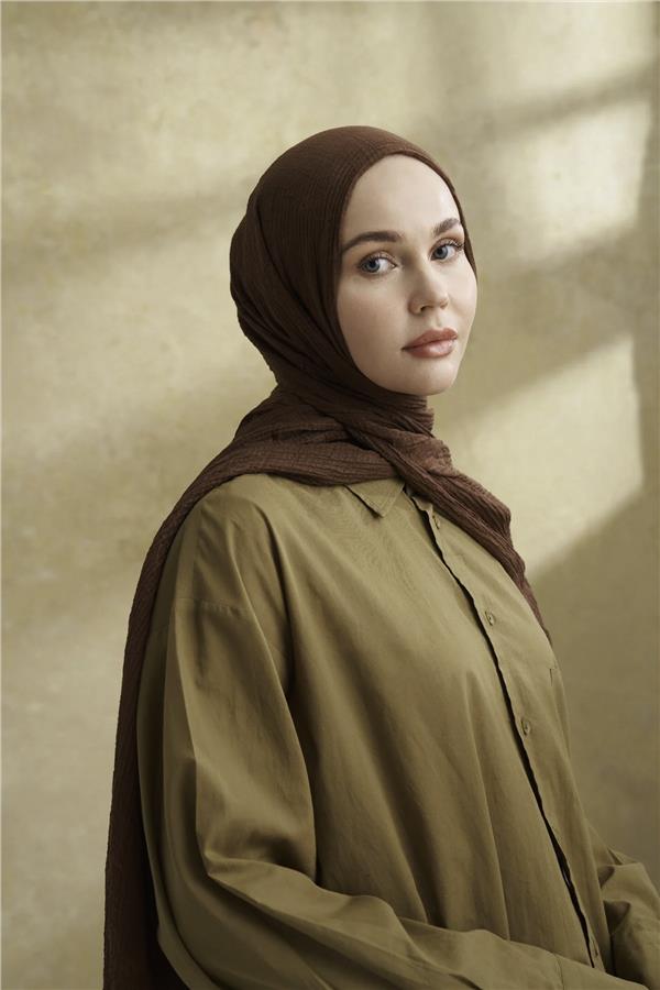 Müslin Yaprak Desen Şal 3351-136 Kahve 