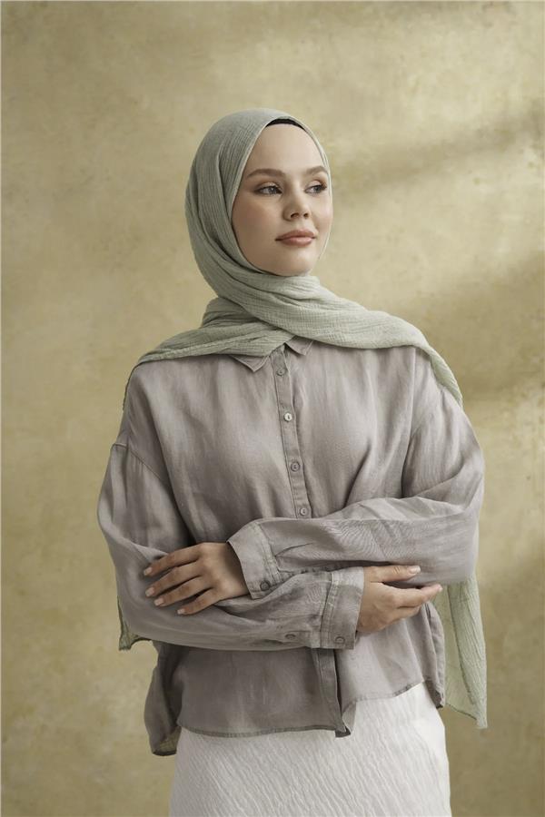 Müslin Yaprak Desen Şal 3351-205 Keten Yeşili 