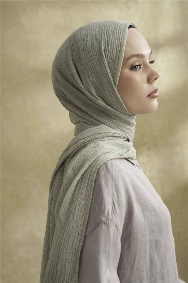 Müslin Yaprak Desen Şal 3351-205 Keten Yeşili 