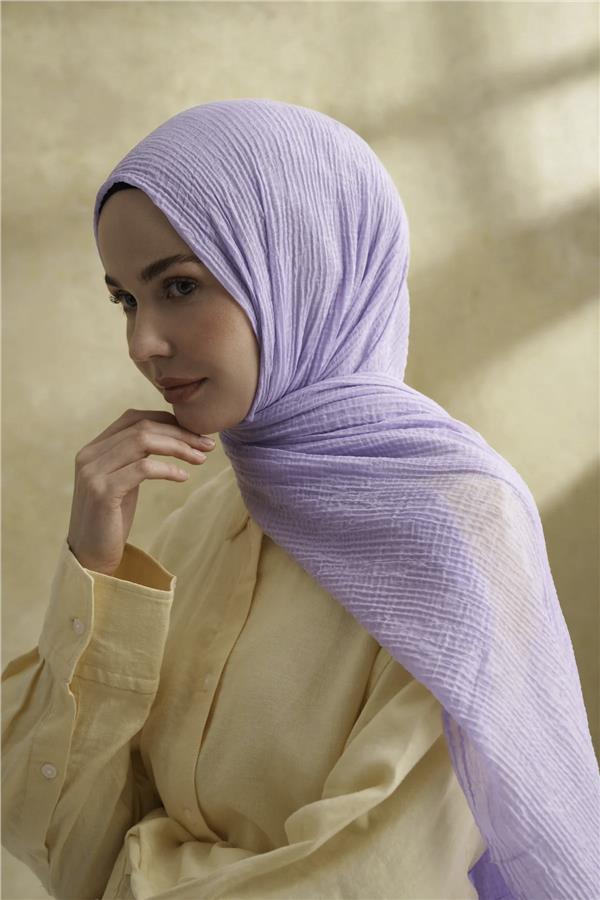 Müslin Yaprak Desen Şal 3351-207 Açık Leylak 