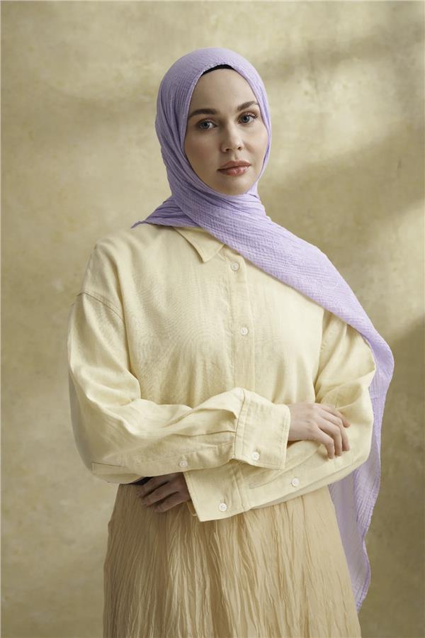 Müslin Yaprak Desen Şal 3351-207 Açık Leylak 