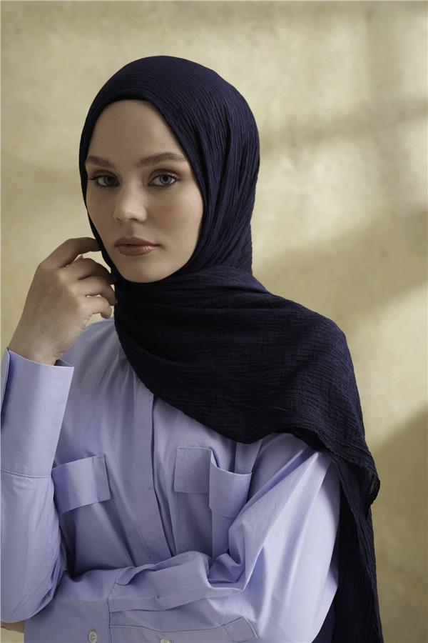 Müslin Yaprak Desen Şal 3351-22 Lacivert 