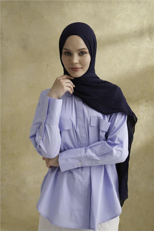 Müslin Yaprak Desen Şal 3351-22 Lacivert 