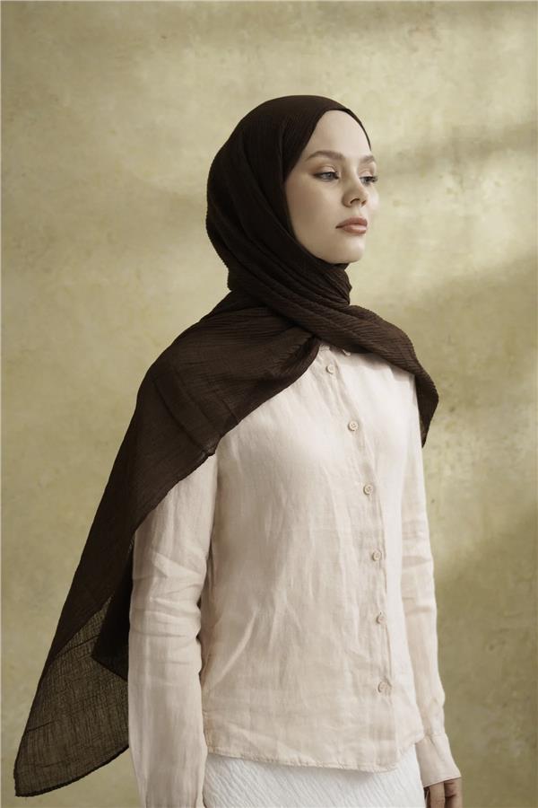 Müslin Yaprak Desen Şal 3351-247 Acı Kahve 