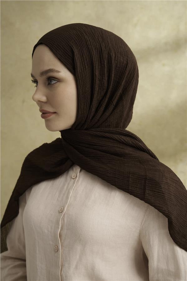 Müslin Yaprak Desen Şal 3351-247 Acı Kahve 