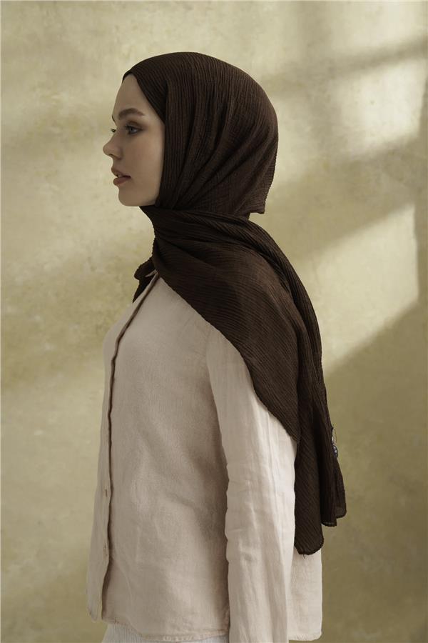Müslin Yaprak Desen Şal 3351-247 Acı Kahve 