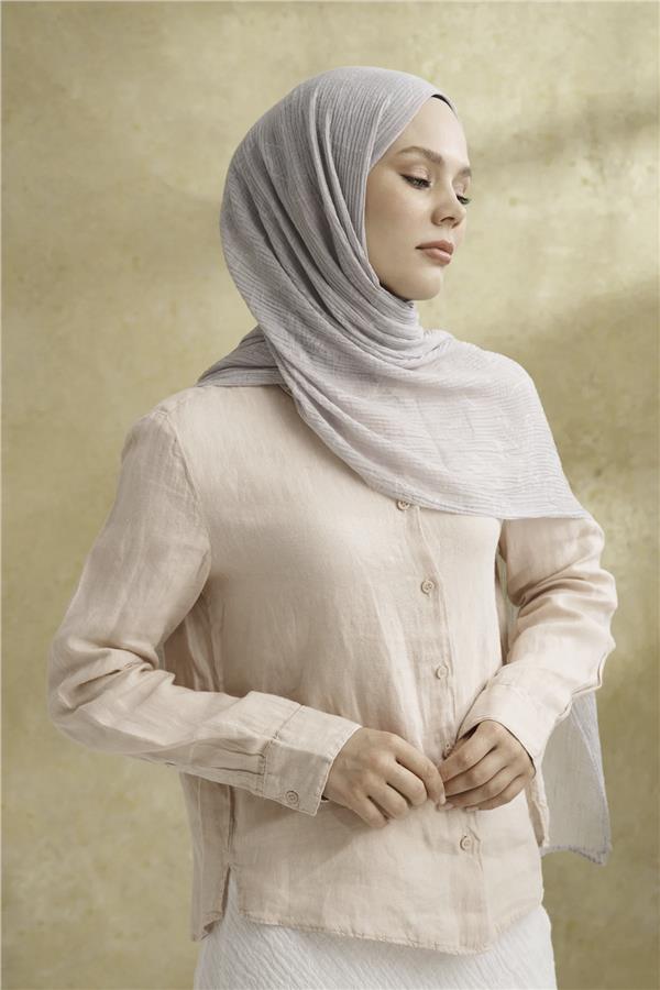 Müslin Yaprak Desen Şal 3351-311 Gümüş 