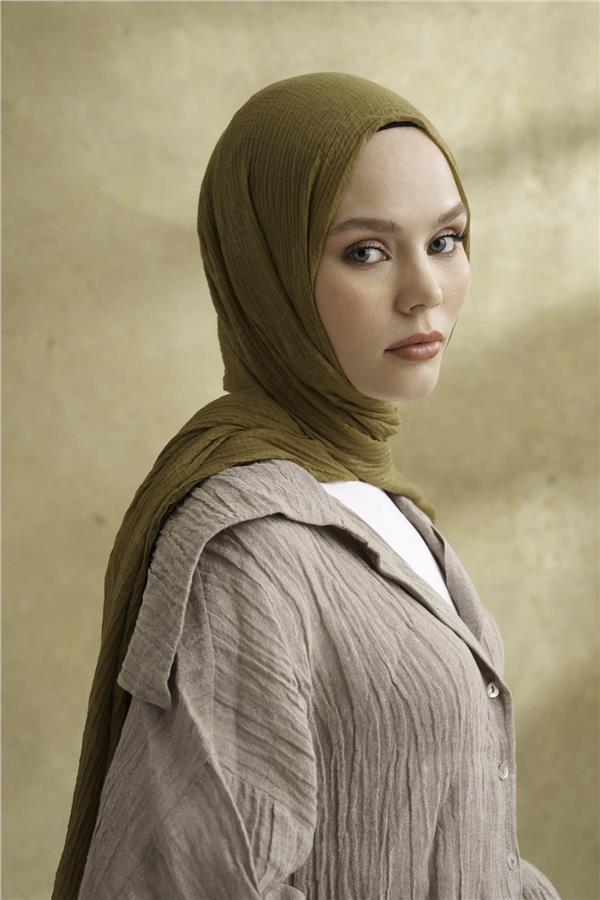 Müslin Yaprak Desen Şal 3351-322 Zeytin 