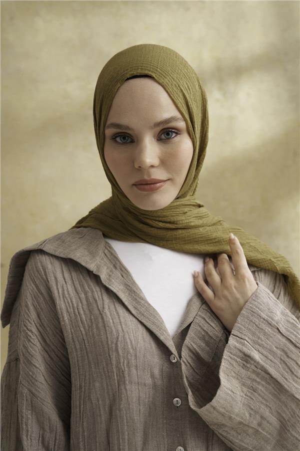 Müslin Yaprak Desen Şal 3351-322 Zeytin 