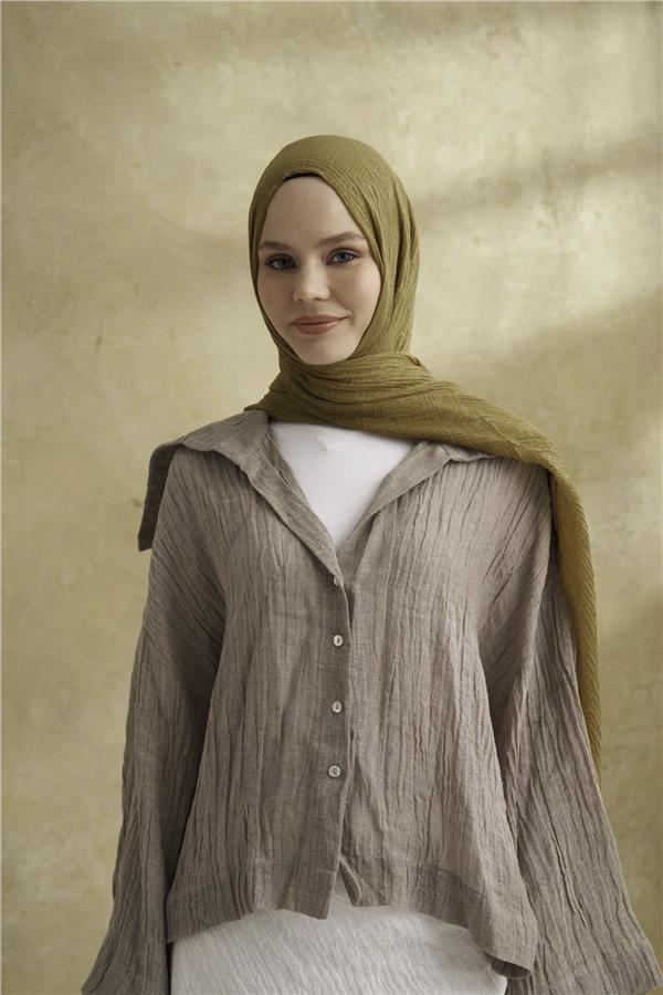 Müslin Yaprak Desen Şal 3351-322 Zeytin 