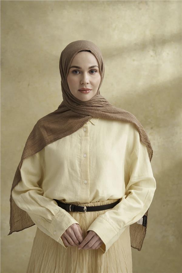 Müslin Yaprak Desen Şal 3351-35 Vizon 