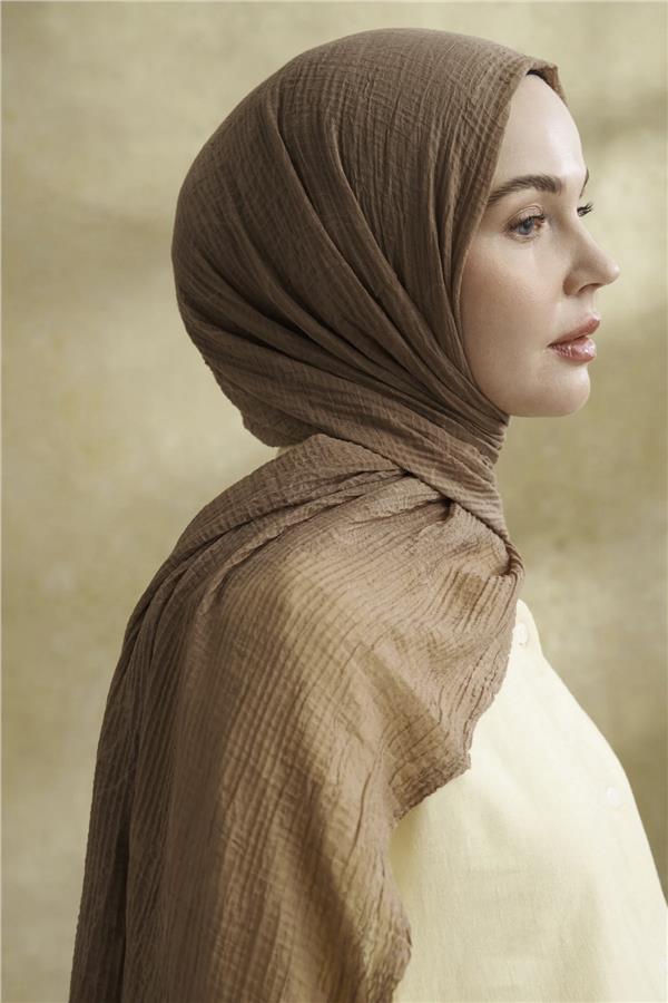 Müslin Yaprak Desen Şal 3351-35 Vizon 