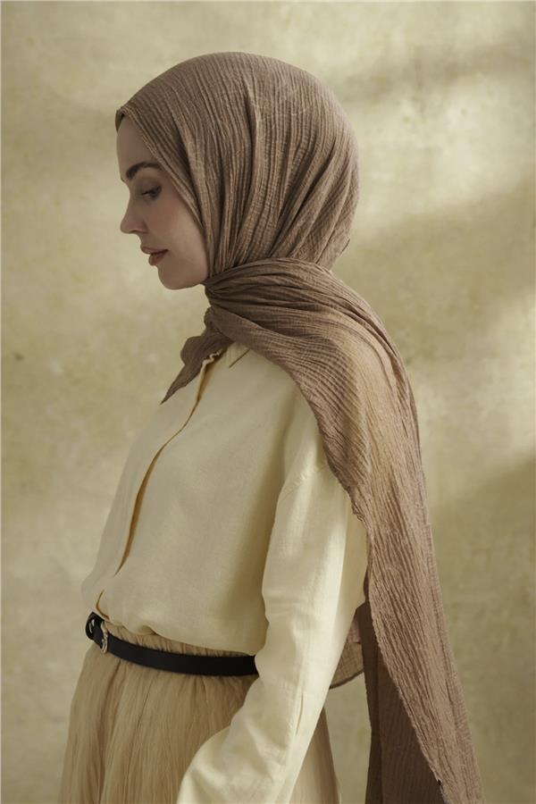 Müslin Yaprak Desen Şal 3351-35 Vizon 