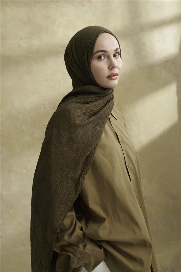 Müslin Yaprak Desen Şal 3351-46 Haki 