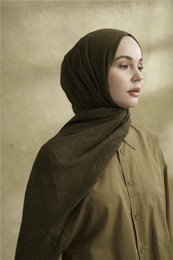 Müslin Yaprak Desen Şal 3351-46 Haki 