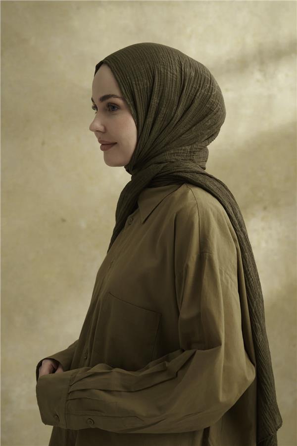 Müslin Yaprak Desen Şal 3351-46 Haki 