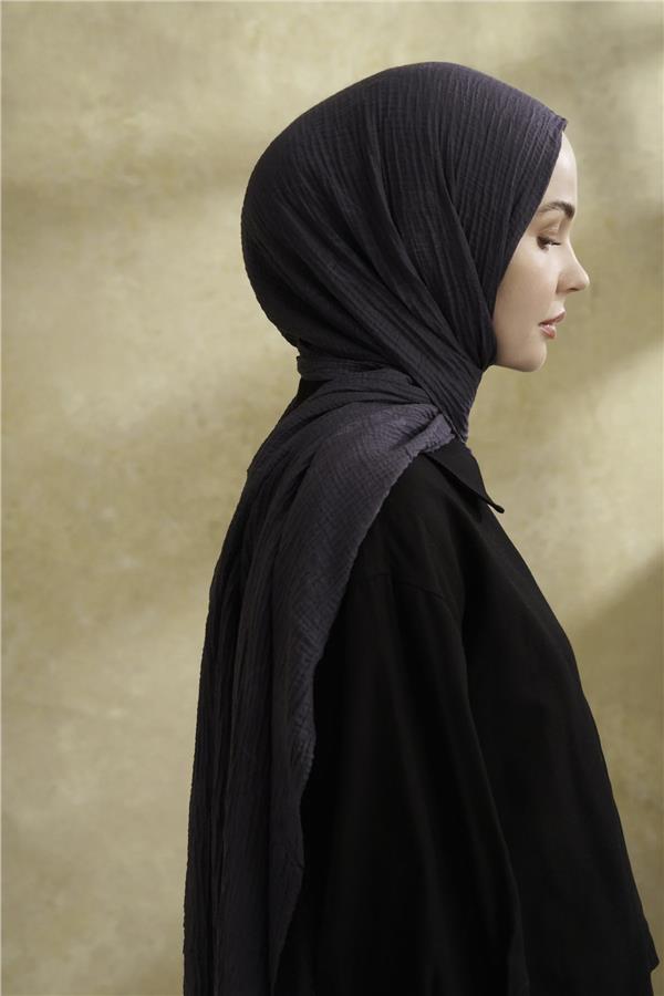 Müslin Yaprak Desen Şal 3351-515 Gri-Mavi 