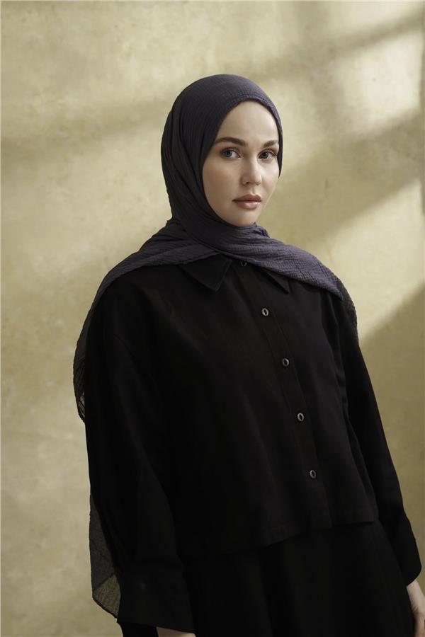 Müslin Yaprak Desen Şal 3351-515 Gri-Mavi 