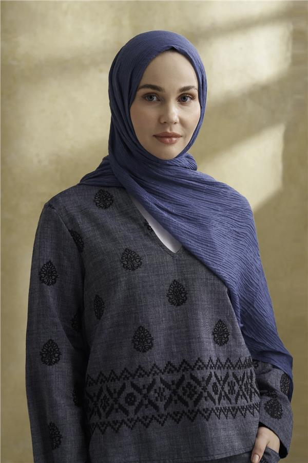 Müslin Yaprak Desen Şal 3351-520 İndigo 