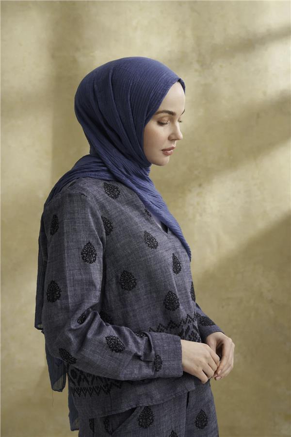 Müslin Yaprak Desen Şal 3351-520 İndigo 