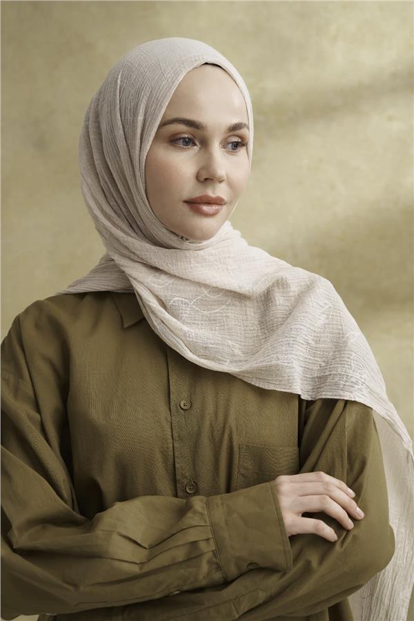 Müslin Yaprak Desen Şal 3351-66 Taş