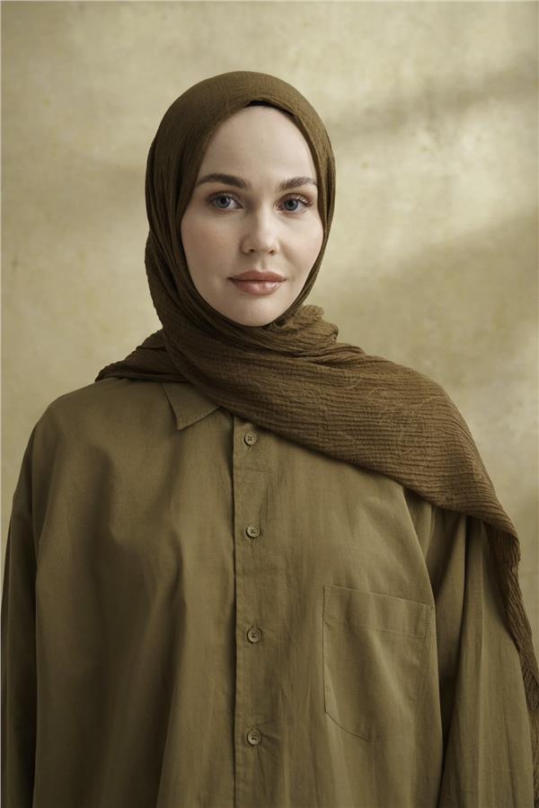 Müslin Yaprak Desen Şal 3351-695 Koyu Yağ Yeşili 