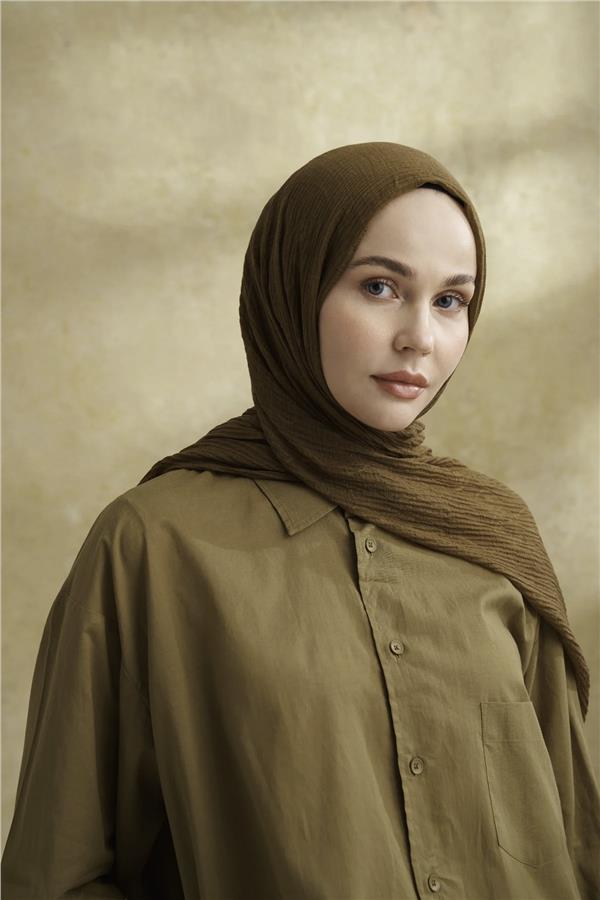 Müslin Yaprak Desen Şal 3351-695 Koyu Yağ Yeşili 